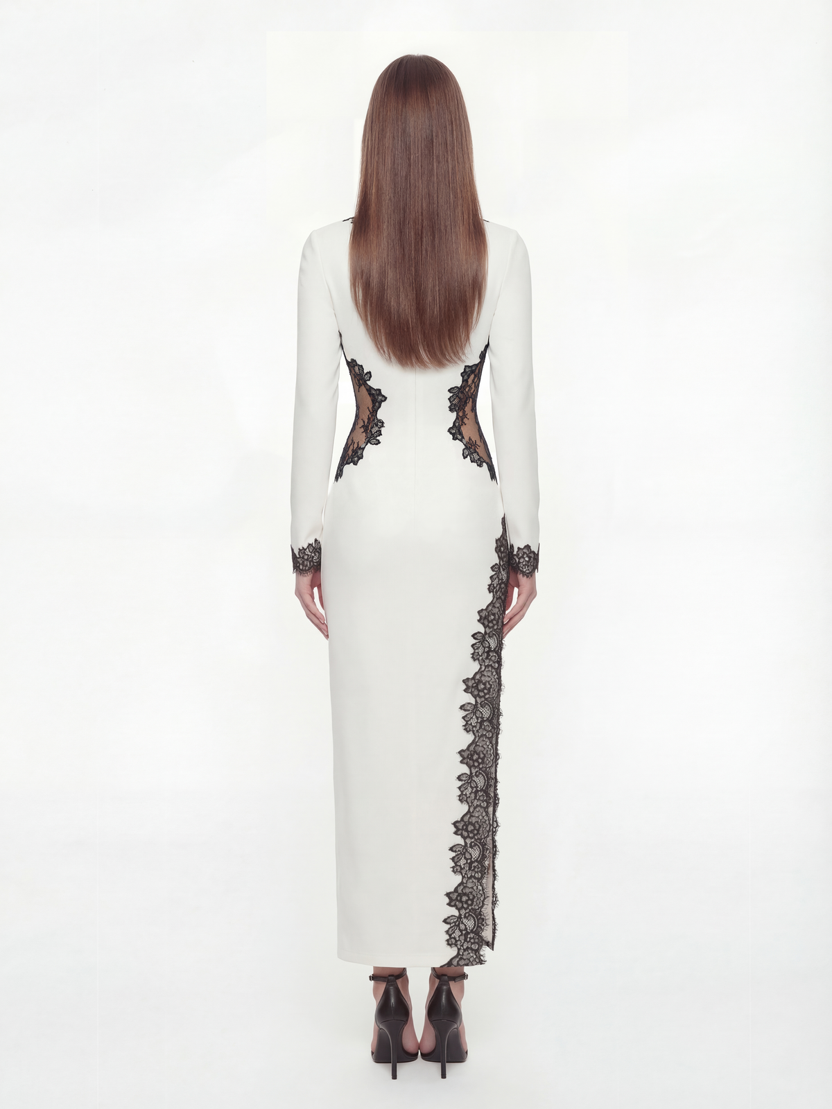 Adriana Lace Trim High-Slit Ivory Acetate Dress (Final Sale)