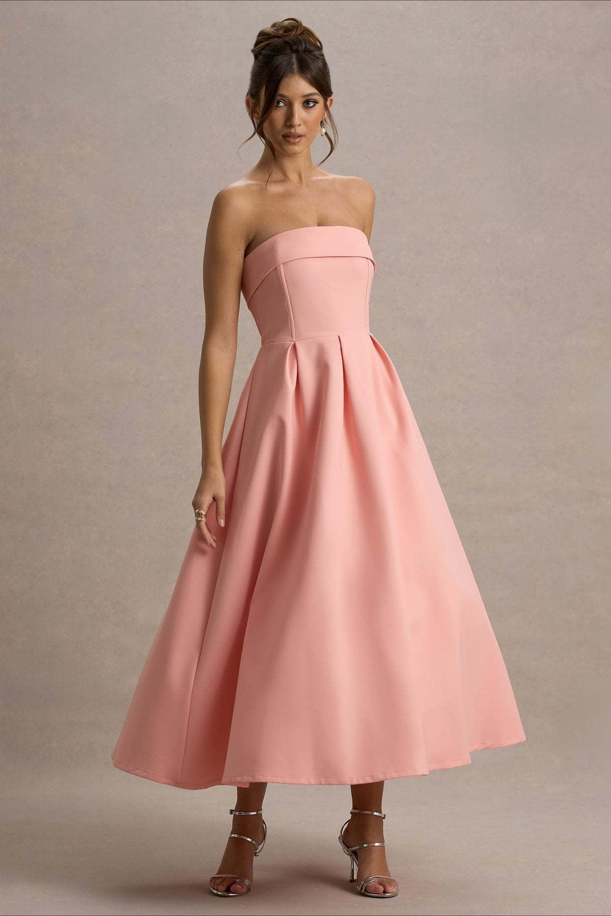 Mikayla | Women's Foldover Neck Strapless Pleated Midi Evening Party Dress
