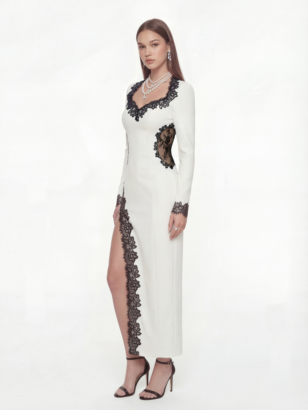 Adriana Lace Trim High-Slit Ivory Acetate Dress (Final Sale)