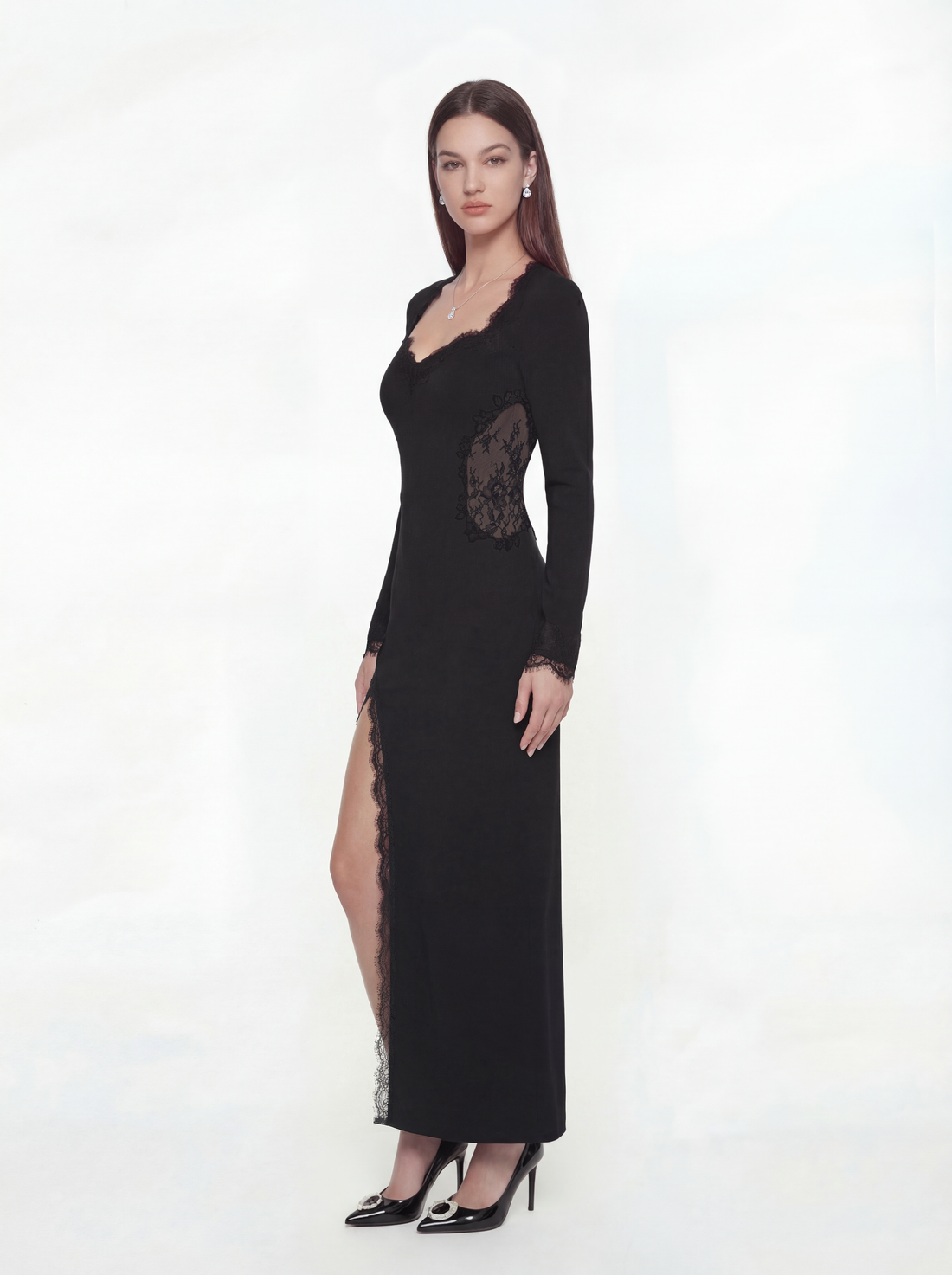 Adriana Lace High-Slit Black Acetate Dress (Final Sale)