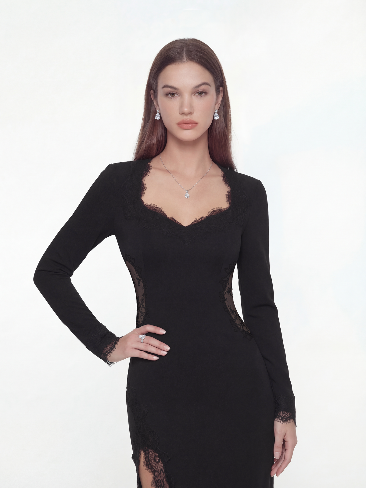 Adriana Lace High-Slit Black Acetate Dress (Final Sale)