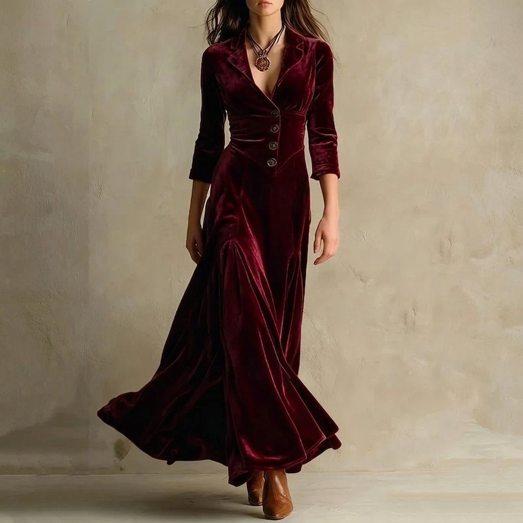 Anthea | Women's Vintage V Neck Button Front Maxi Dress