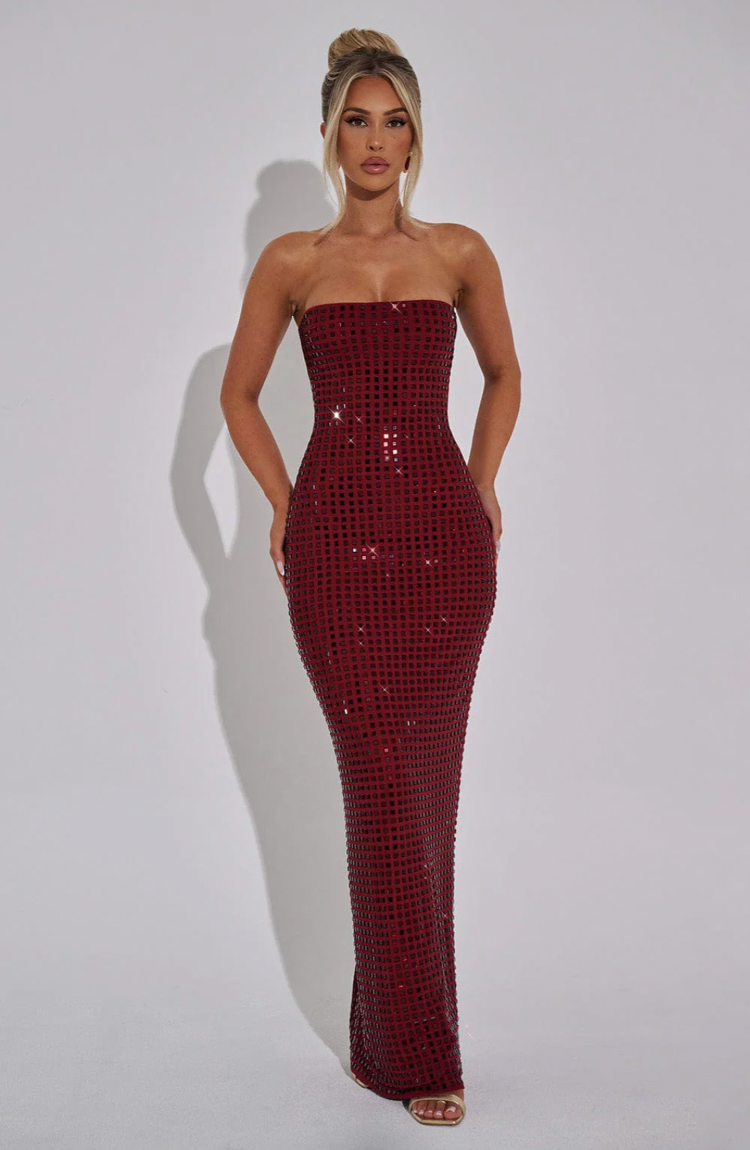 Arabella | Women's Strapless Rhinestone Grid Geometric Maxi Party Dress