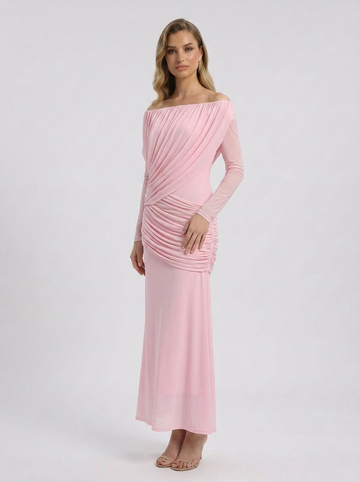 Crystal | Women's Off Shoulder Ruched Long Sleeve Maxi Wedding Guest Dress