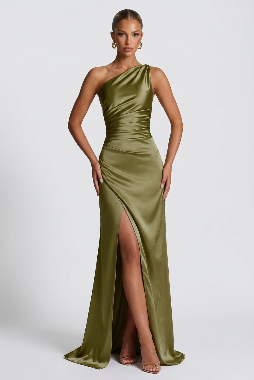 Daphne | Women's One-Shoulder Satin Maxi Autumn Occasion Dress with Split