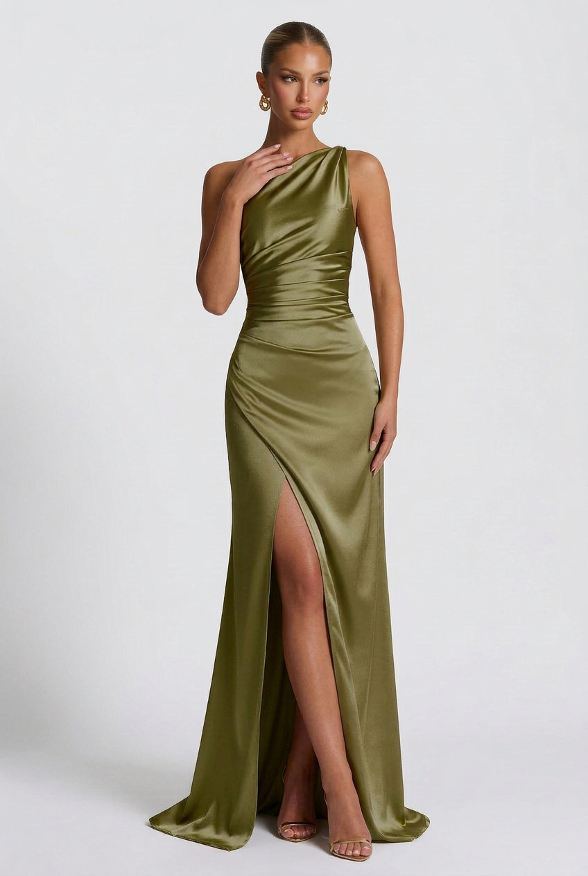 Daphne | Women's One-Shoulder Satin Maxi Autumn Occasion Dress with Split