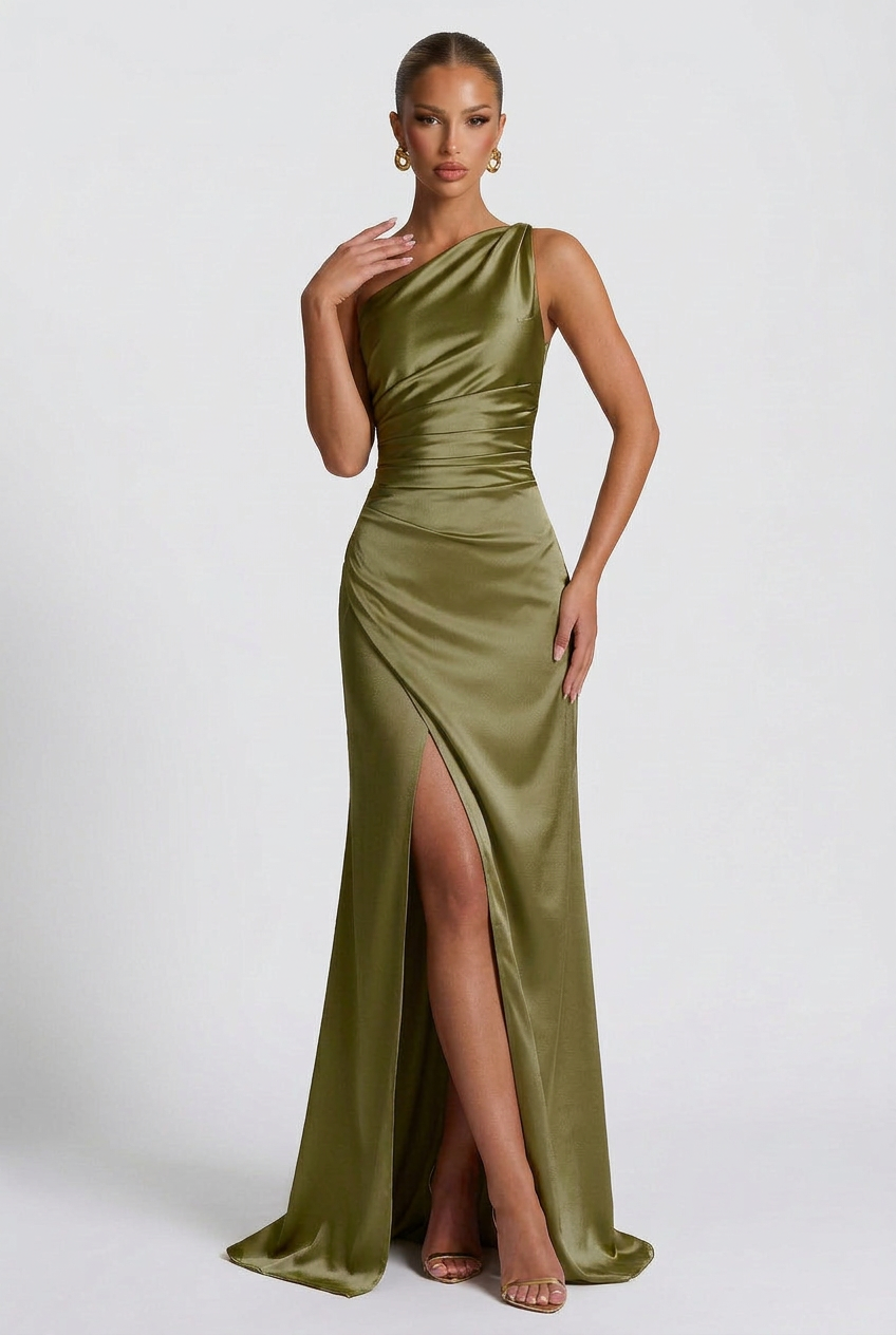 Daphne | Women's One-Shoulder Satin Maxi Autumn Occasion Dress with Split