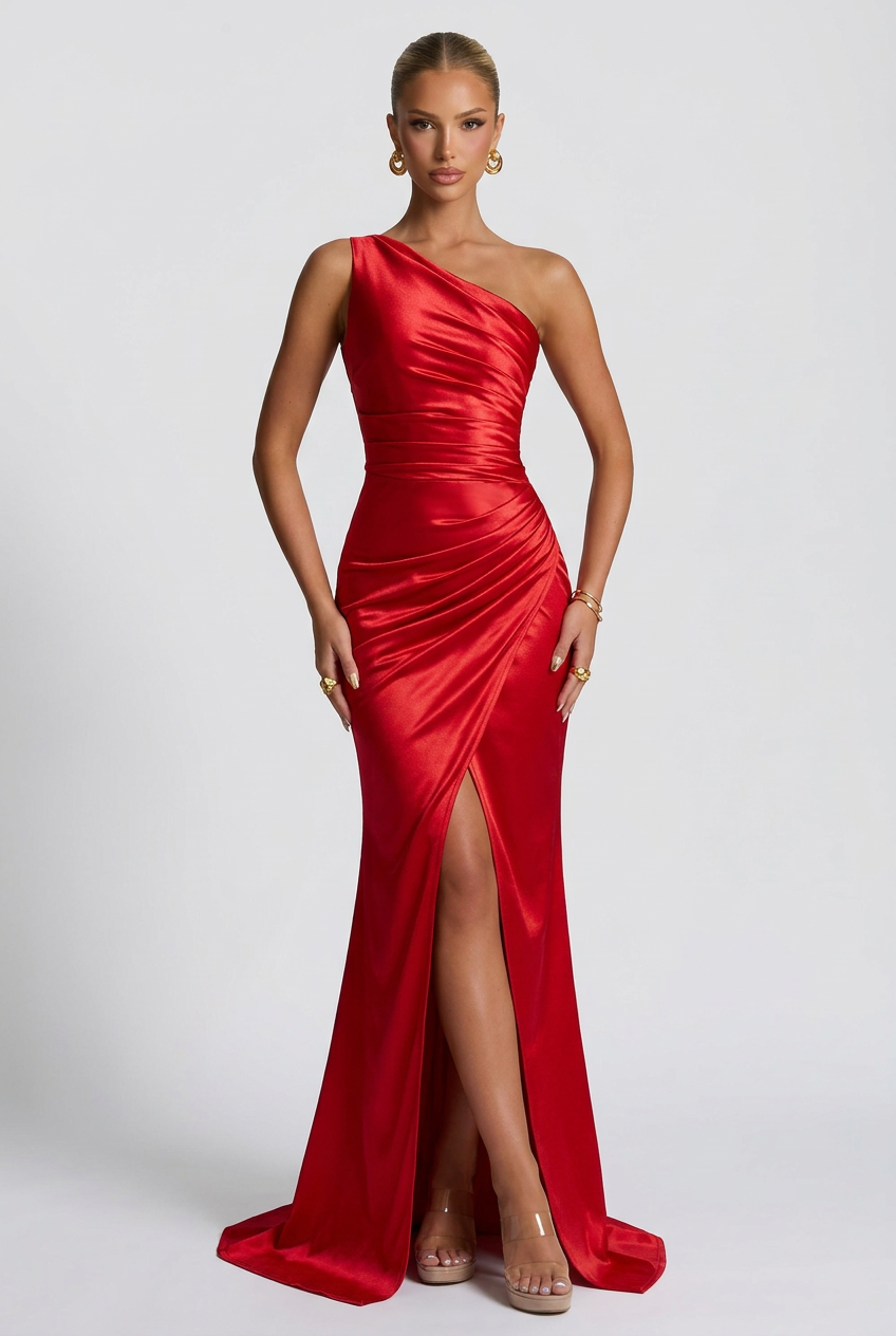 Daphne | Women's One-Shoulder Satin Maxi Autumn Occasion Dress with Split
