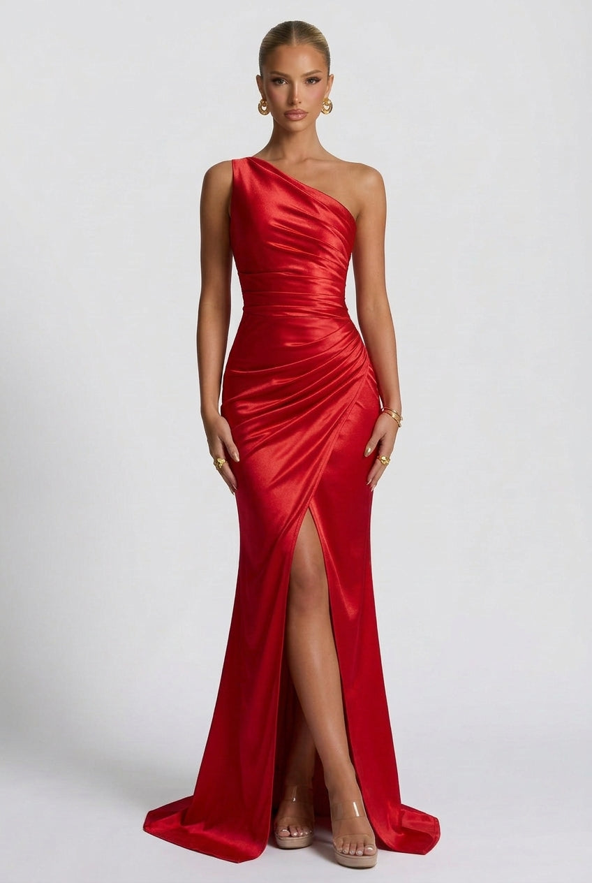 Daphne | Women's One-Shoulder Satin Maxi Autumn Occasion Dress with Split