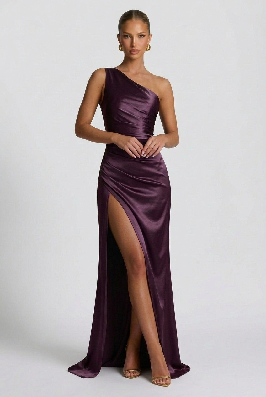 Daphne | Women's One-Shoulder Satin Maxi Autumn Occasion Dress with Split