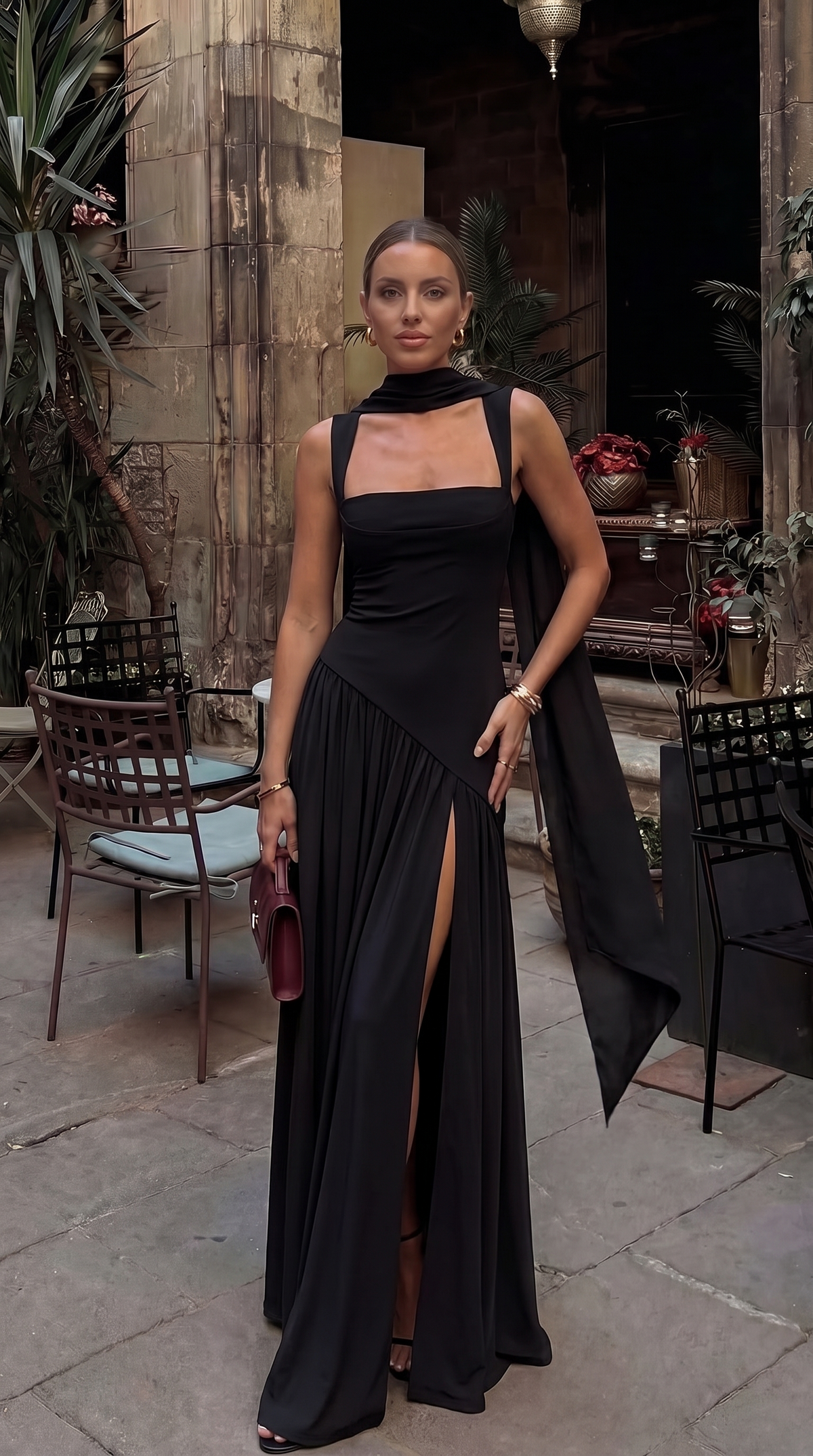 Delphine | Women's Scarf Neck Slit Solid Maxi Autumn Occasion Dress