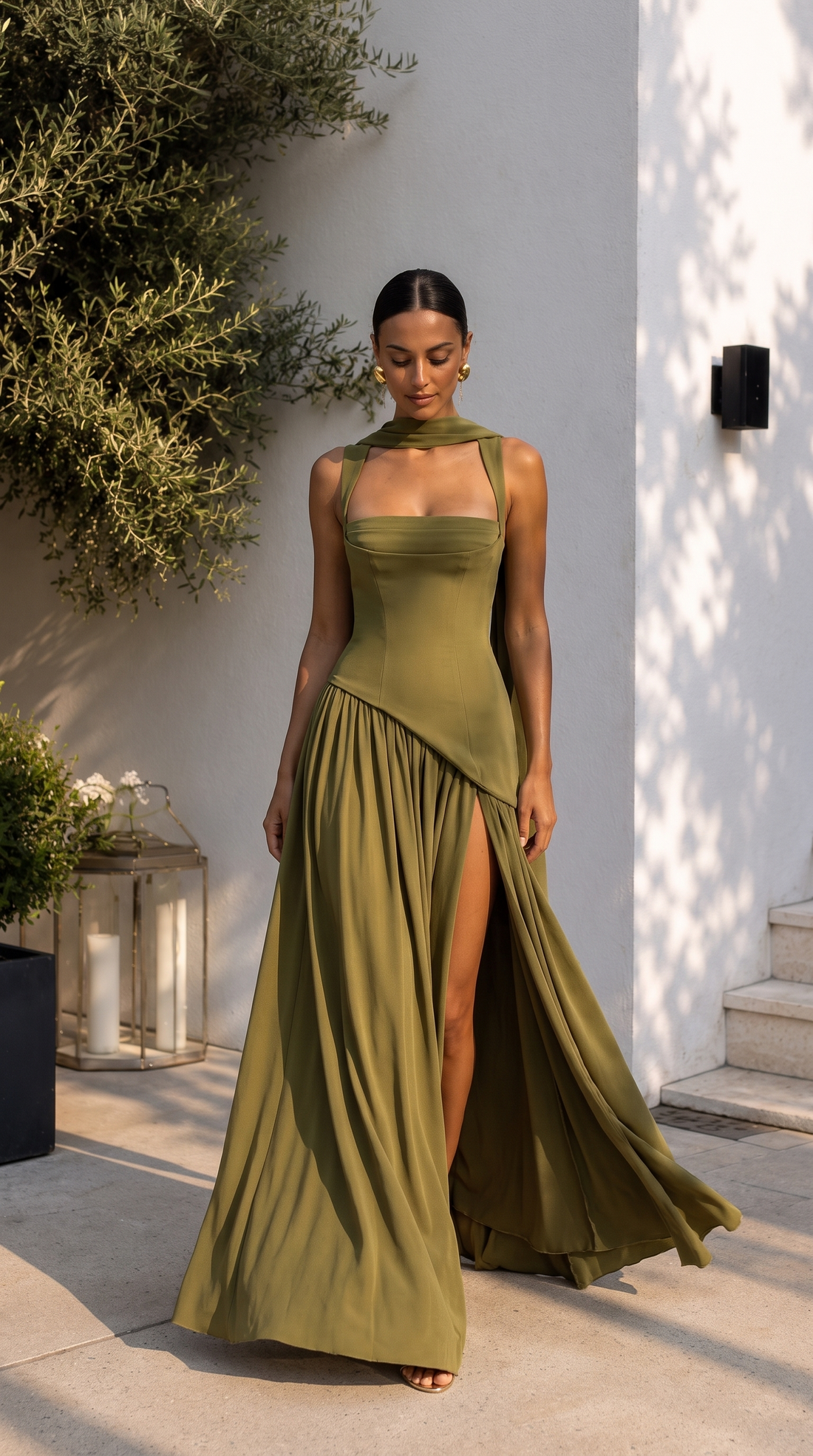 Delphine | Women's Scarf Neck Slit Solid Maxi Autumn Occasion Dress