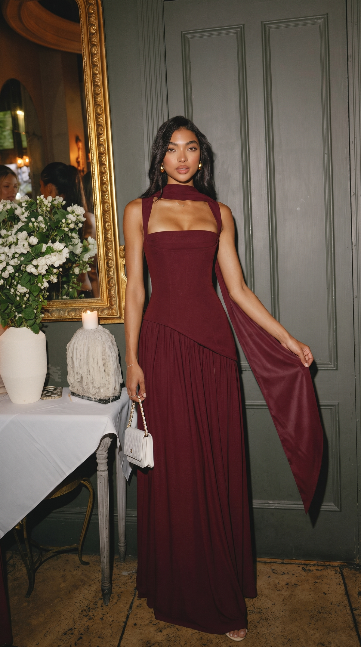 Delphine | Women's Scarf Neck Slit Solid Maxi Autumn Occasion Dress