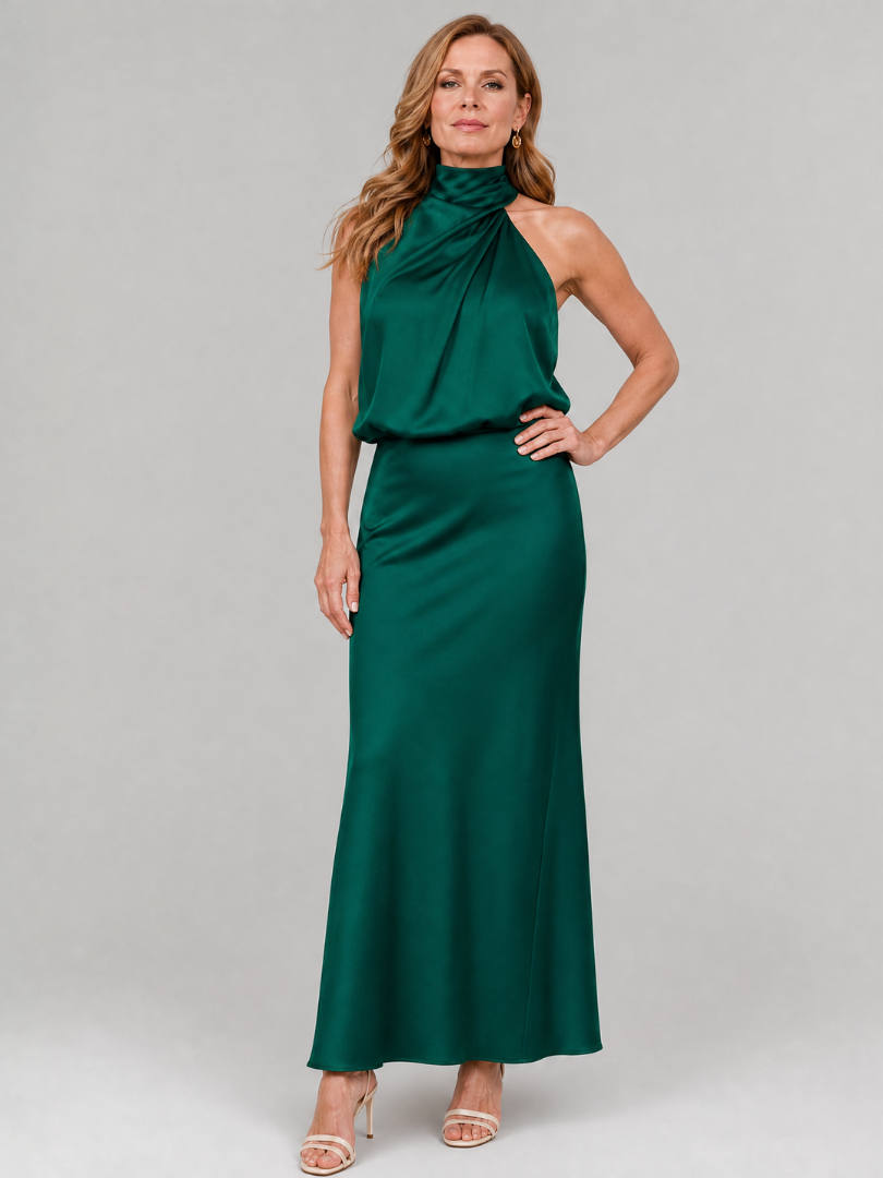 Eudora | Women's Sleeveless Halter Draped Midi Autumn Wedding Guest Dress
