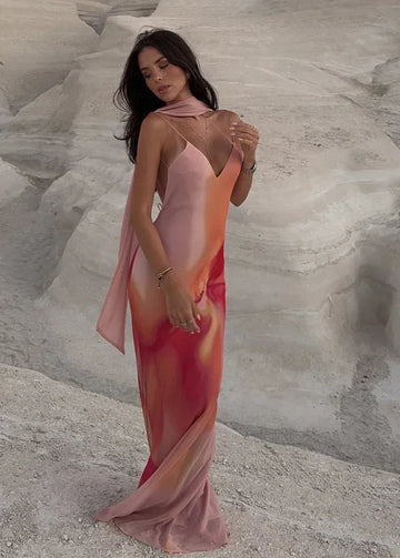 Fayah | Women's Open-Back Ombre Print Spaghetti Strap Satin Maxi Dress