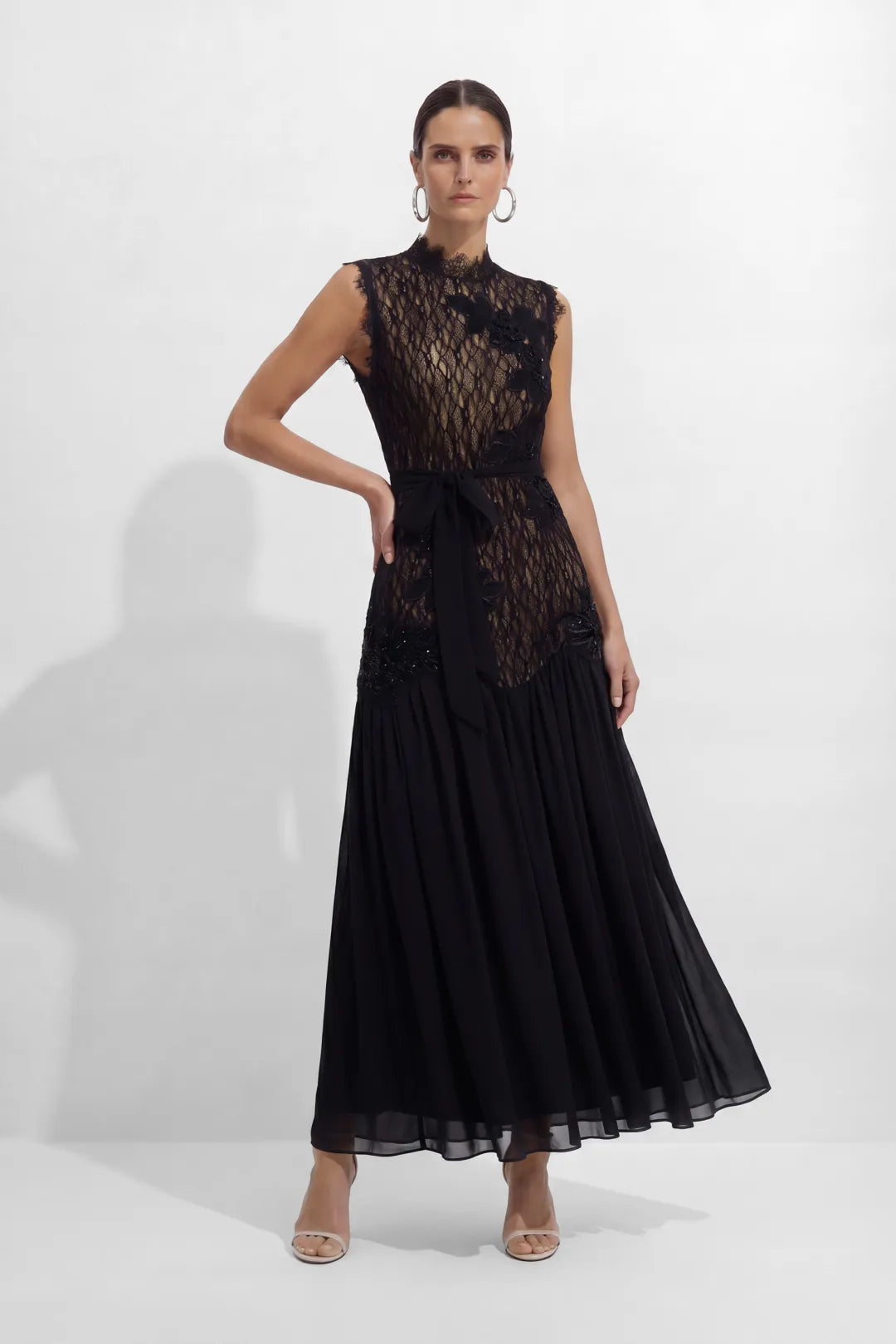 Haven | Women's High Neck Lace Bodice Chiffon Maxi Dress