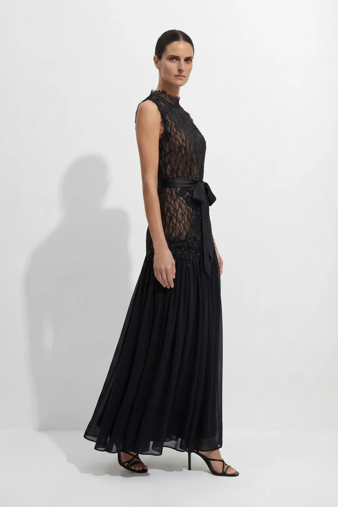 Haven | Women's High Neck Lace Bodice Chiffon Maxi Dress