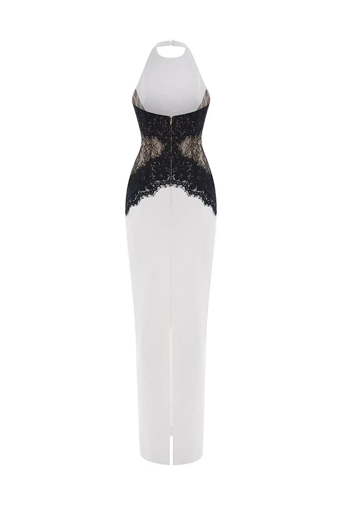 Kaira | Women's High-Neck Halter Backless Lace Maxi Dress