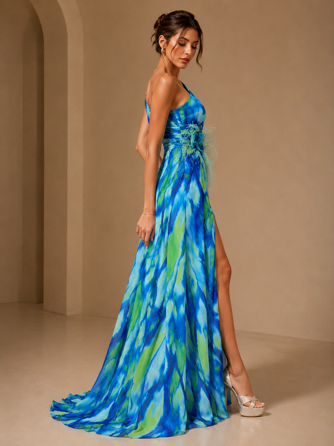Mitchell | Women’s Abstract Print One-Shoulder Maxi Autumn Wedding Guest Dress
