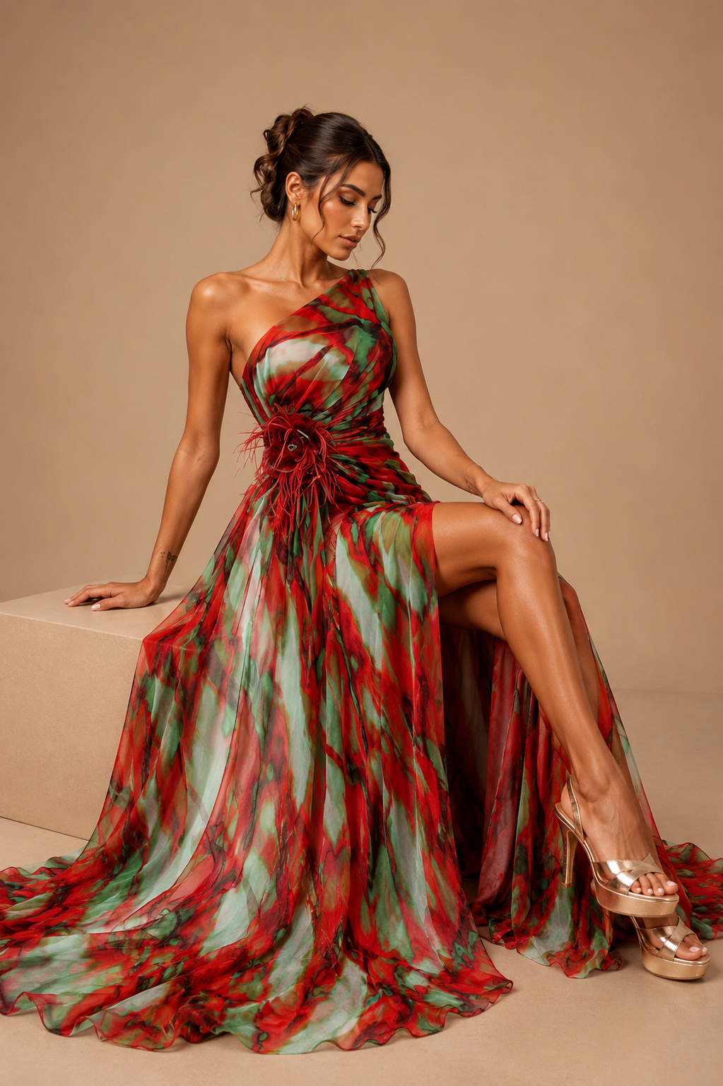 Mitchell | Women’s Abstract Print One-Shoulder Maxi Autumn Wedding Guest Dress