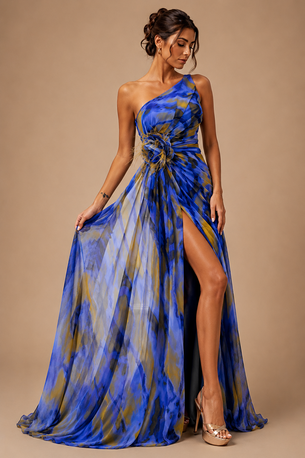 Mitchell | Women’s Abstract Print One-Shoulder Maxi Autumn Wedding Guest Dress