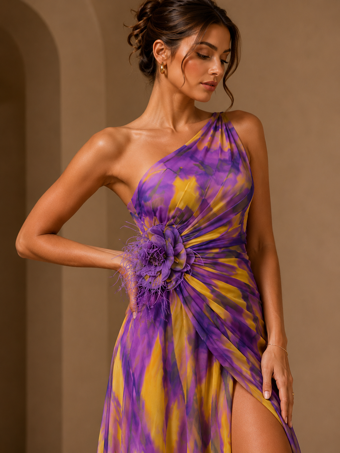 Mitchell | Women’s Abstract Print One-Shoulder Maxi Autumn Wedding Guest Dress