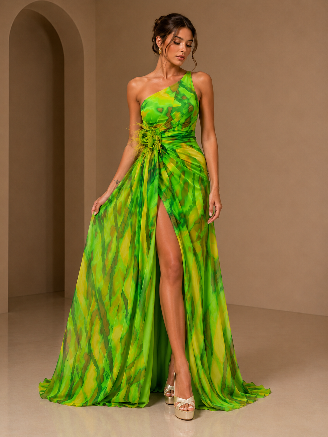 Mitchell | Women’s Abstract Print One-Shoulder Maxi Autumn Wedding Guest Dress