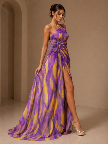 Mitchell | Women’s Abstract Print One-Shoulder Maxi Autumn Wedding Guest Dress