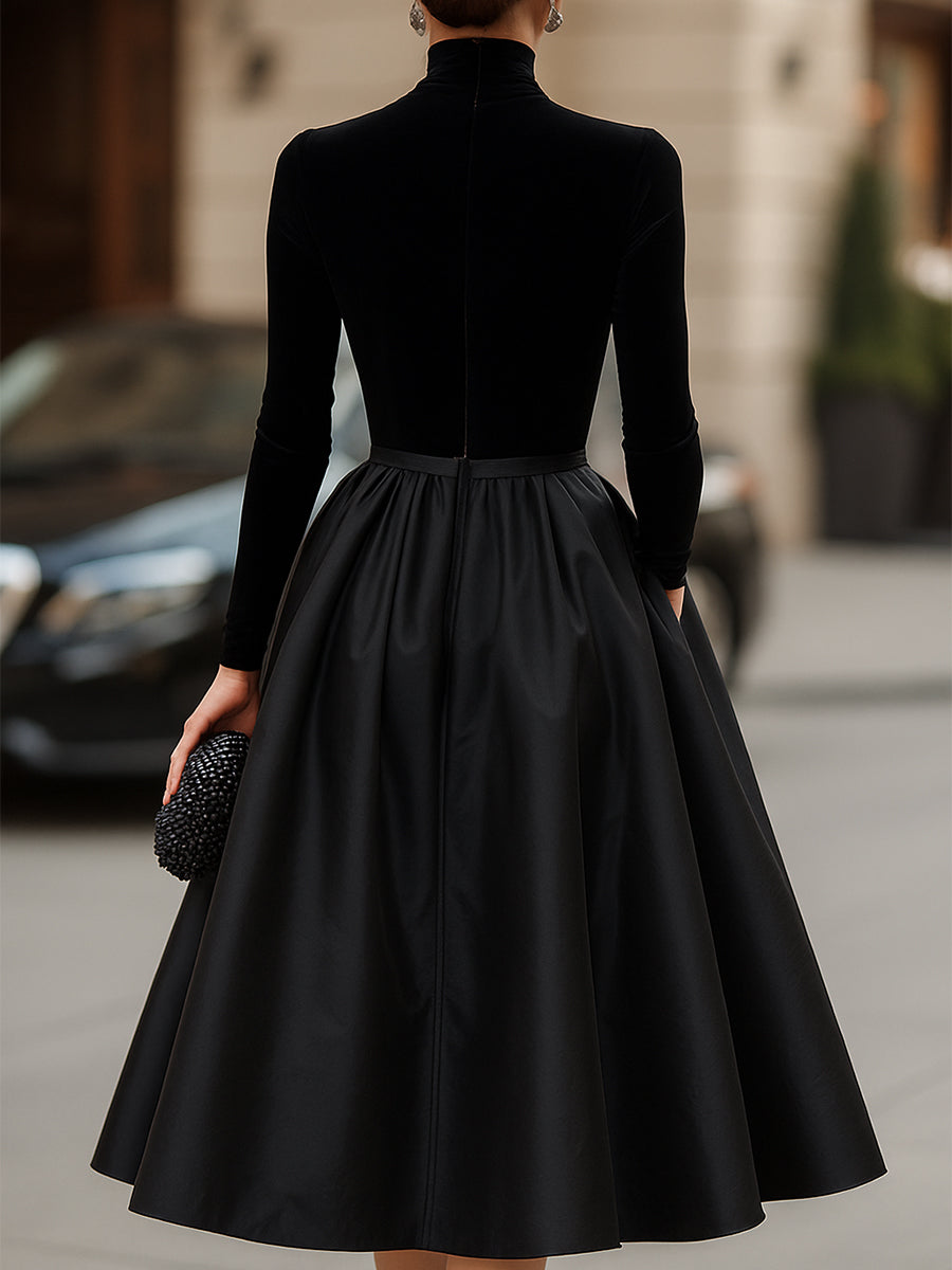 Navy | Women's High Neck Long Sleeve Formal Midi Dress
