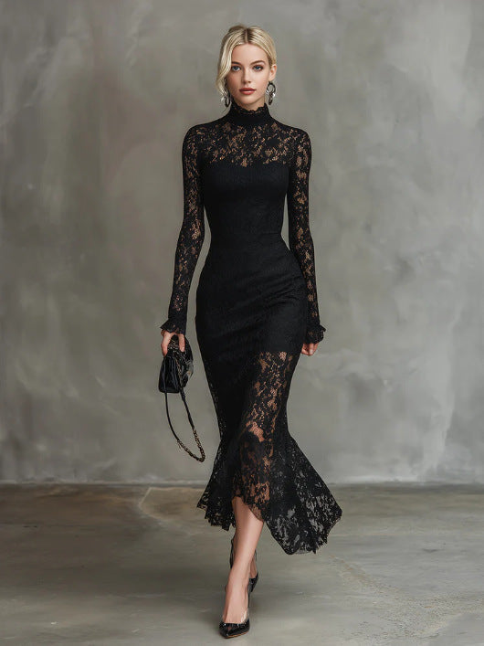 Orlaith | Women's Floral Lace Long Sleeves Fishtail Maxi Dress
