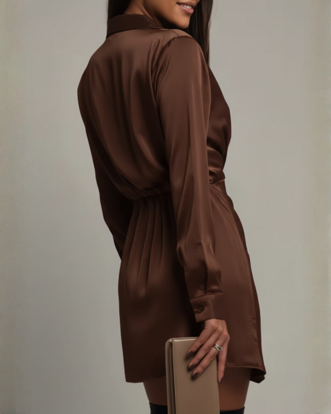Ridley | Women's Long Sleeve Draped Satin Mini Elegant Party Dress