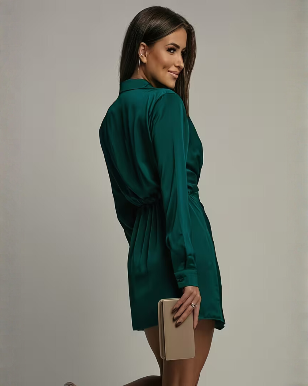 Ridley | Women's Long Sleeve Draped Satin Mini Elegant Party Dress