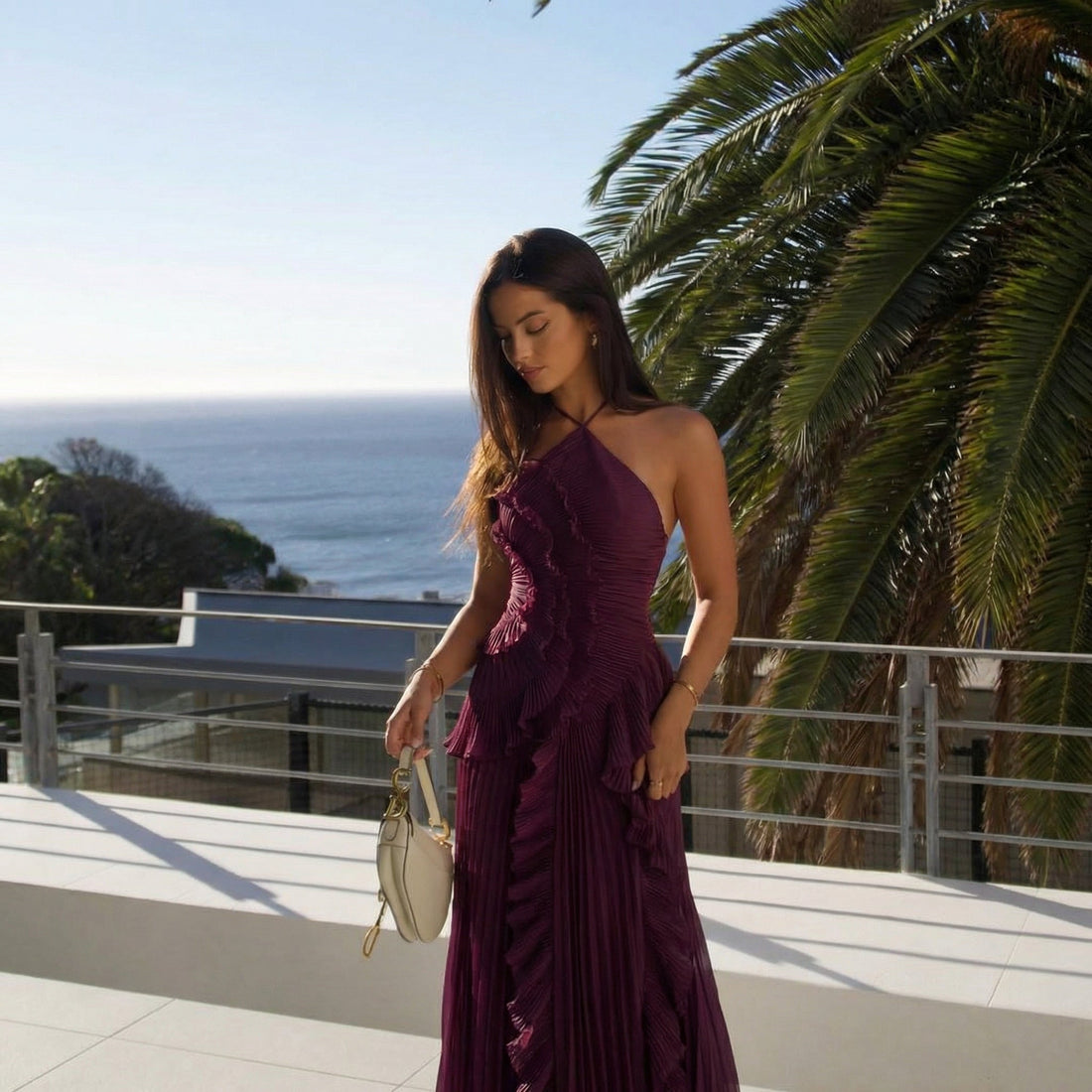 Samara | Women's Halter Neck Pleated Ruffle Maxi Dress