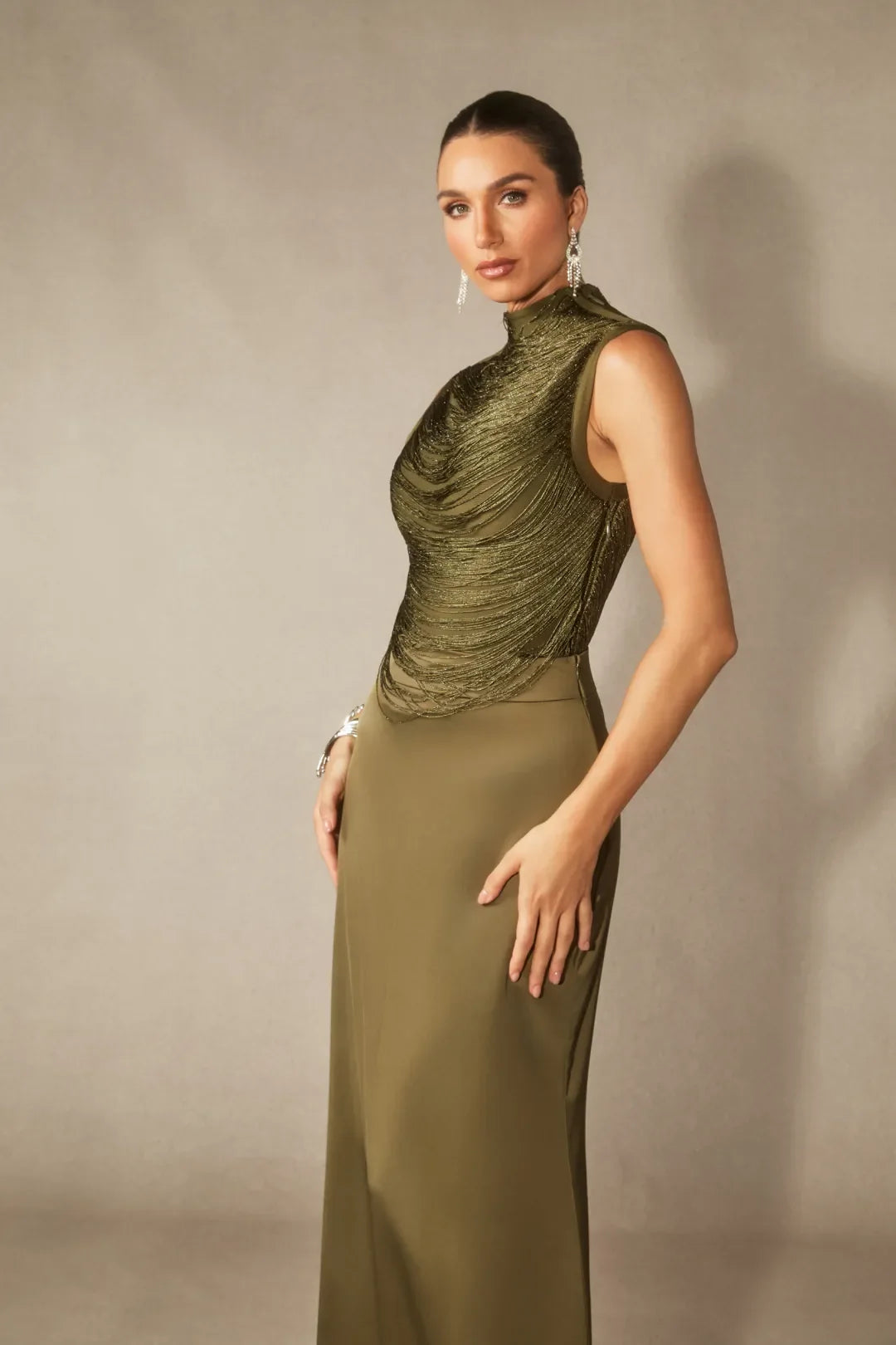 Soleil | Women's Sleeveless High Neck Satin Elegant Evening Dress