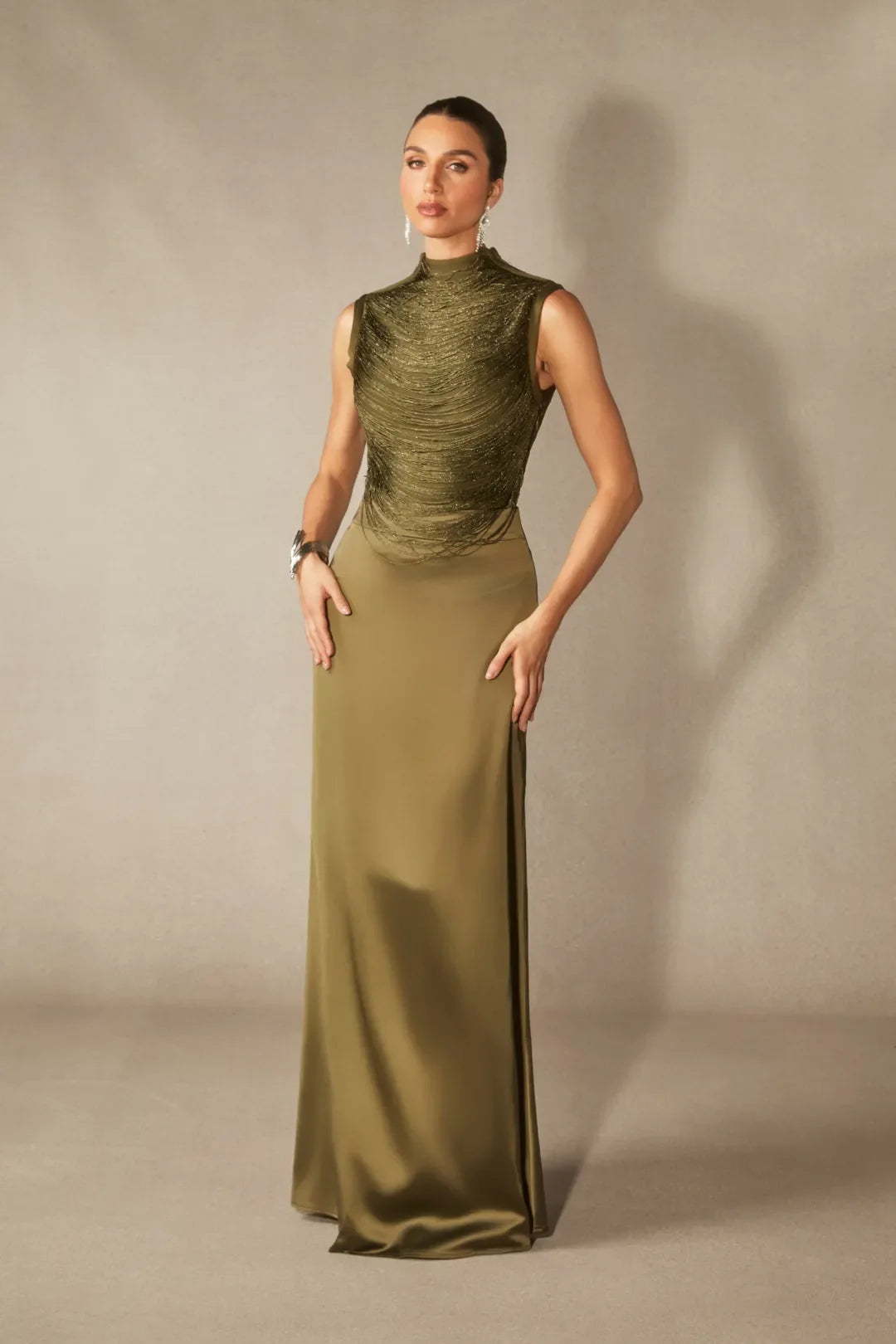 Soleil | Women's Sleeveless High Neck Satin Elegant Evening Dress