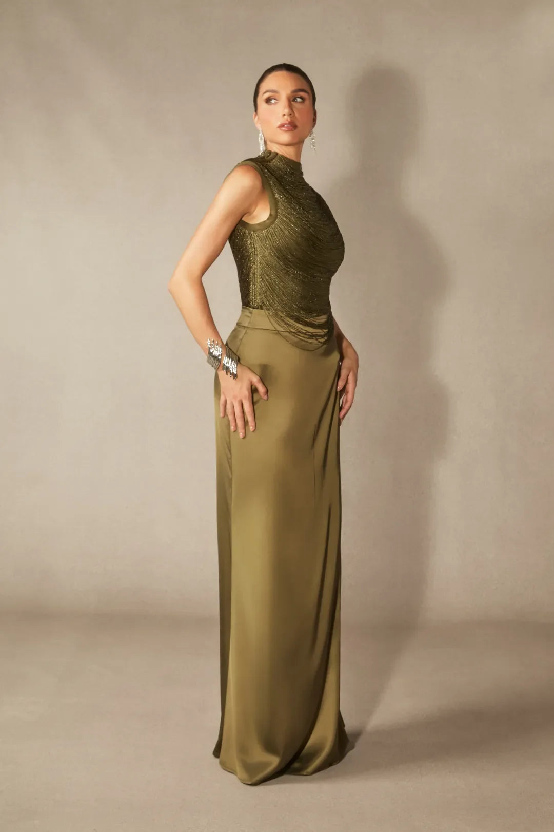 Soleil | Women's Sleeveless High Neck Satin Elegant Evening Dress