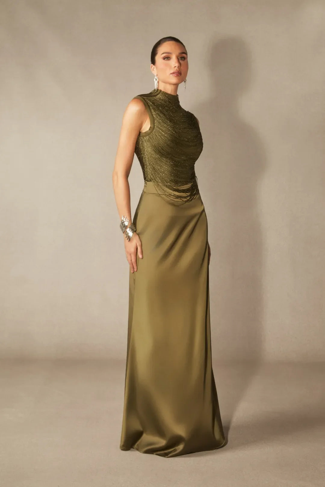 Soleil | Women's Sleeveless High Neck Satin Elegant Evening Dress