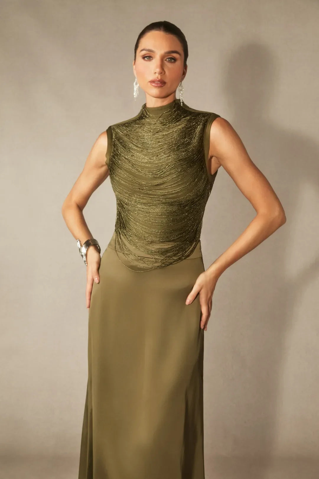 Soleil | Women's Sleeveless High Neck Satin Elegant Evening Dress