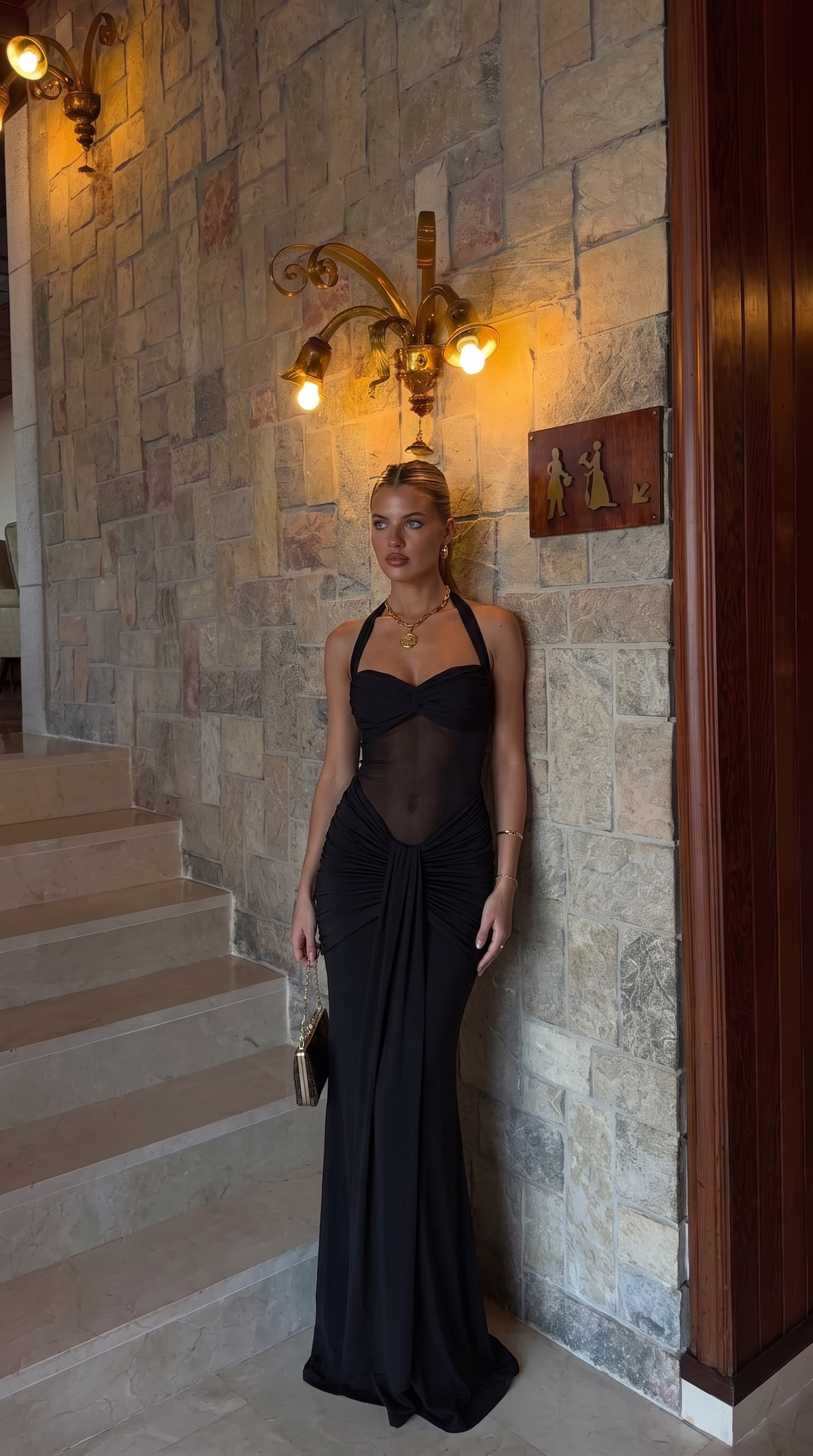Sunday | Women's Ruched Bust Mesh Halter Maxi Evening Occasion Dress
