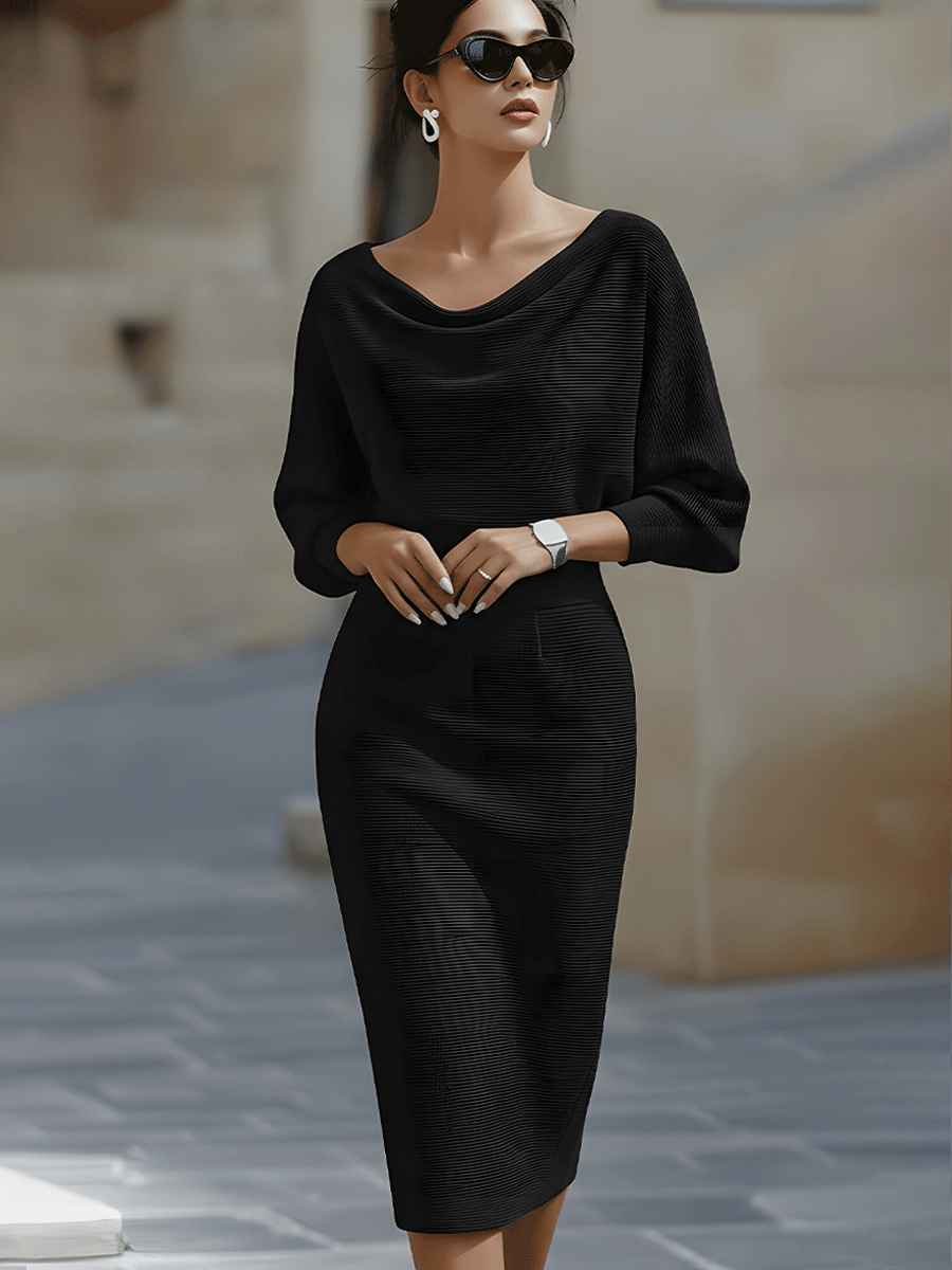 Wrenley | Women's Draped Neck Three-Quarter Sleeve Midi Dress