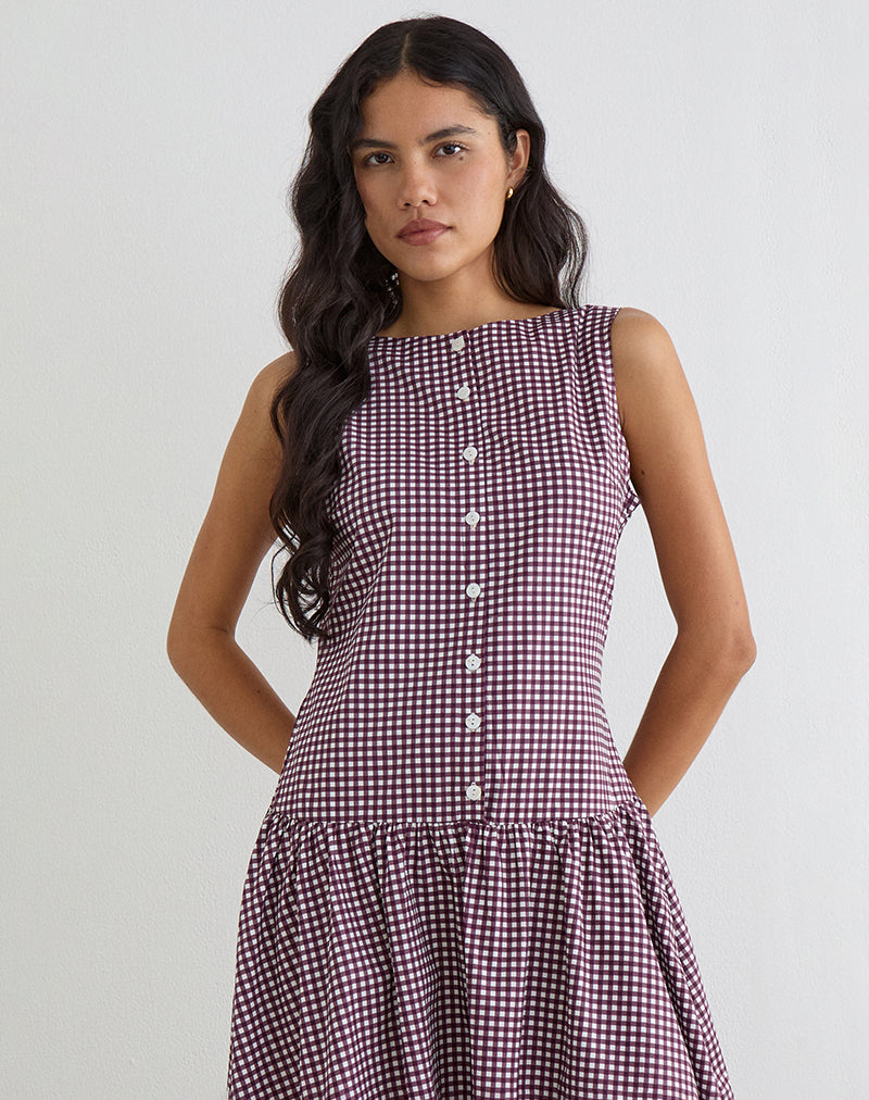 Miriam Midi Dress in Mini Gingham Wine