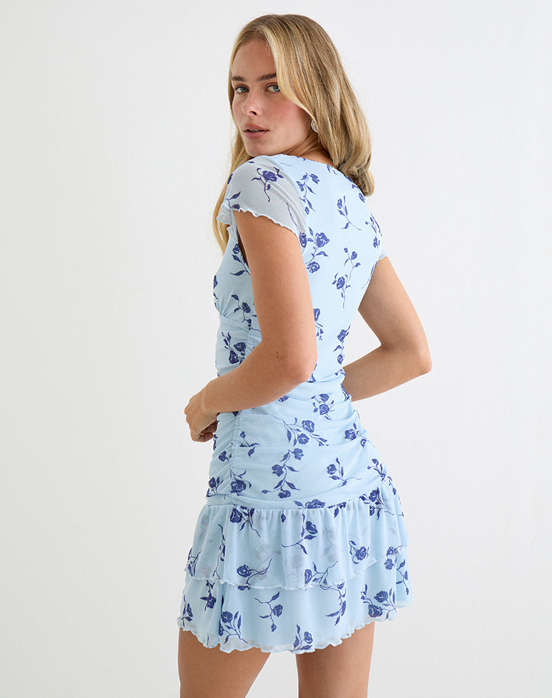 Mowgli Cap Sleeve Mini Dress in Thin Leafy Blue