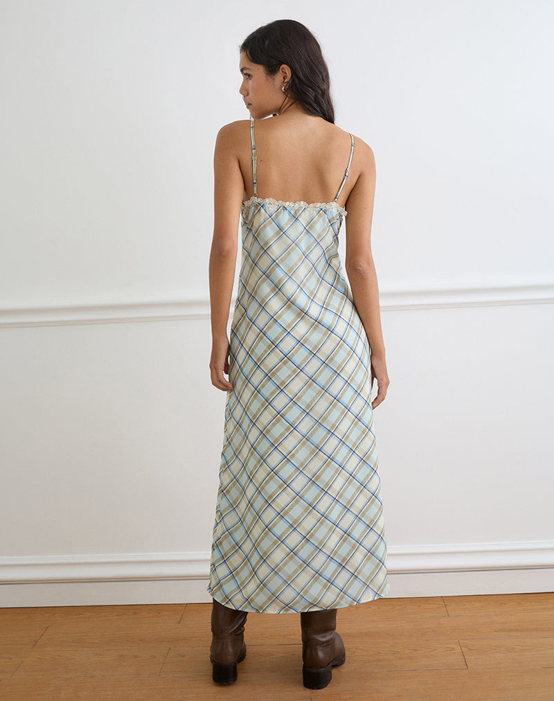 Naska Maxi Dress in Chiffon Vintage Blue Check