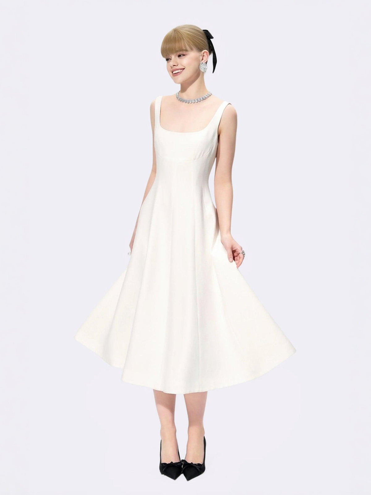Josephine Square-Neck White Midi Dress