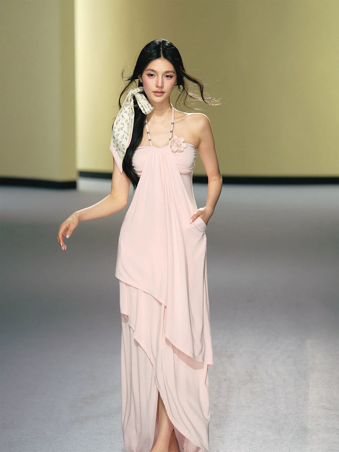Blush Layered Halter Draped Maxi Dress