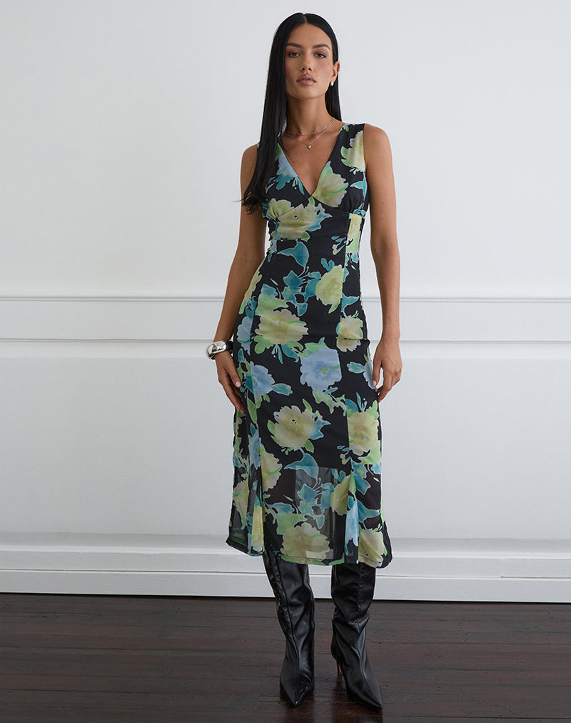 Olydia Midi Dress in Black Chiffon with Crystal Flower Print