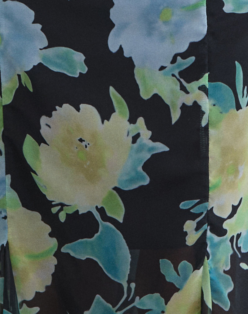 Olydia Midi Dress in Black Chiffon with Crystal Flower Print