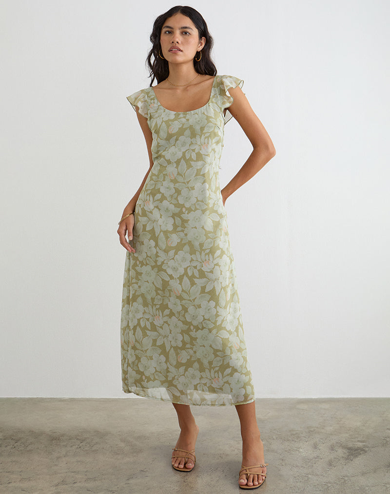 Risala Scoop Midi Dress in Pale Flower Green