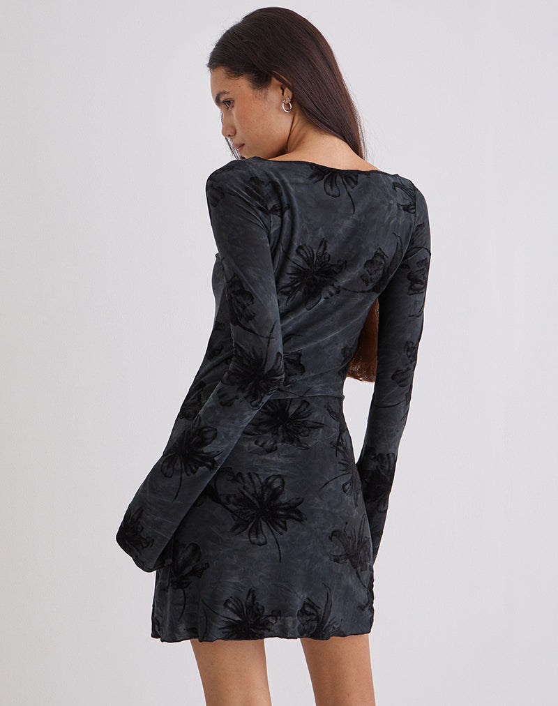Sevila Long Sleeve Mini Dress in Burnout Velvet Grey