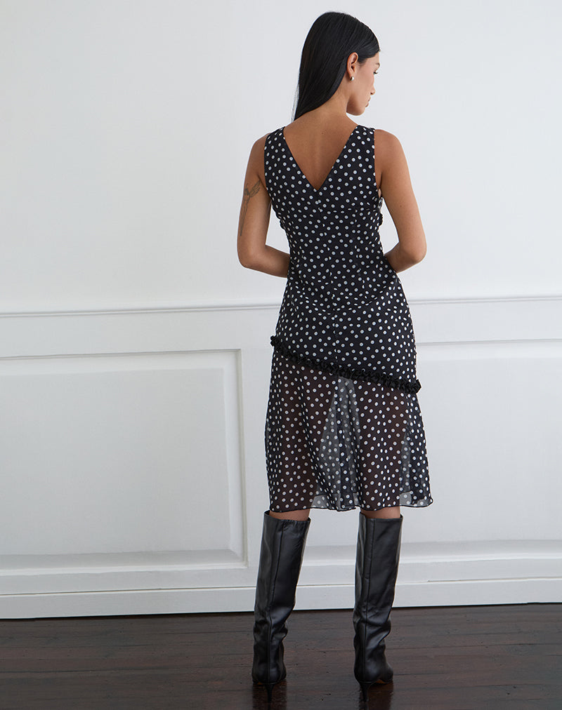 Sovira Midi Dress in Chiffon Black with Tiny Polka Print